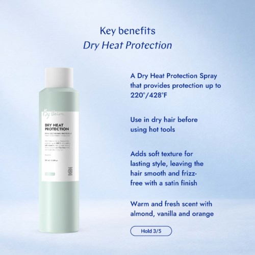 Information board about dry heat protection spray with key benefits and usage instructions in blue text.