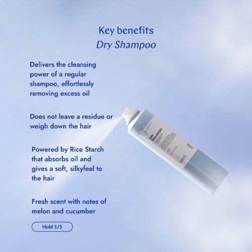Text describing dry shampoo benefits with notes on ingredients and scent, alongside product packaging.