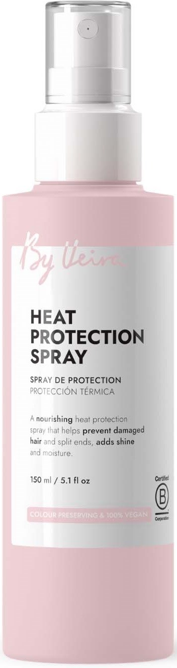 A pink spray bottle labeled Heat Protection Spray for hair with a white pump top.