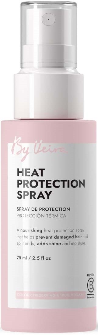 A pink and white bottle of heat protection spray with a spray nozzle, labeled for hair protection.