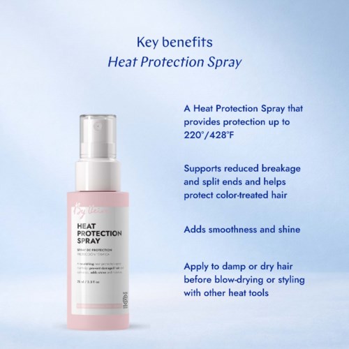 Product packaging for Heat Protection Spray with information on key benefits and usage instructions.