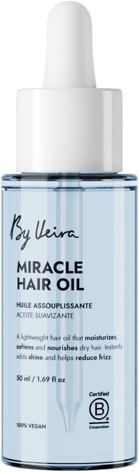 Liquid hair oil in a clear bottle with a white dropper cap, labeled Miracle Hair Oil by by Kerr. 50ml size.