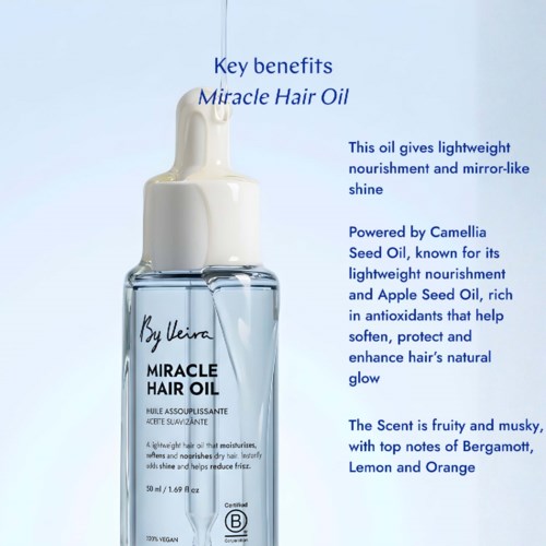 Miracle Hair Oil bottle with a dropper, label shows brand and product name, transparent bottle with clear oil inside.