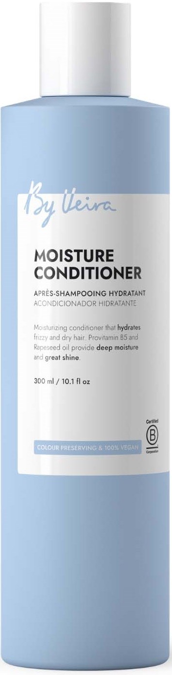 Light blue bottle of moisture conditioner with white cap, featuring brand and product details in black text.