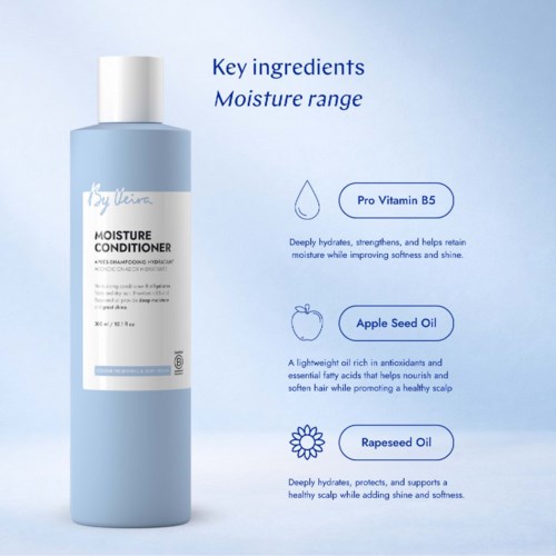 Illustration of a light blue bottle of moisture conditioner with key ingredients listed: Pro Vitamin B5, Apple Seed Oil, and Rapeseed Oil.