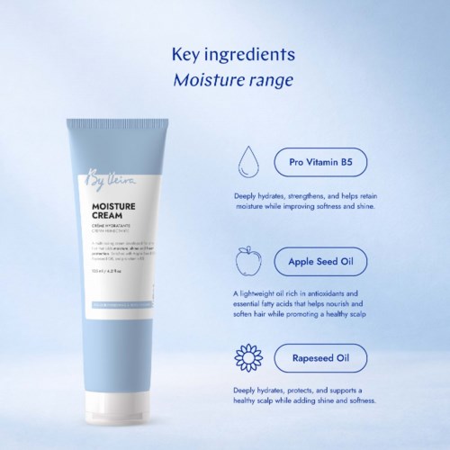 A light blue and white tube of moisture cream with key ingredients listed: Pro Vitamin B5, Apple Seed Oil, and Rapeseed Oil.