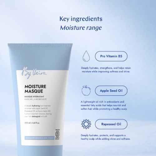 Moisture mask in a tube with key ingredients listed: Pro Vitamin B5, Apple Seed Oil, and Rapeseed Oil.