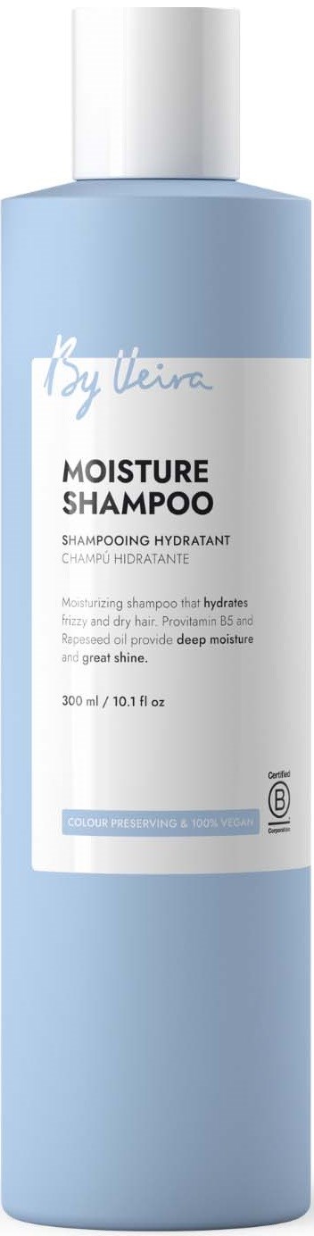 A light blue bottle of moisture shampoo with a white cap and a white label showing product details.
