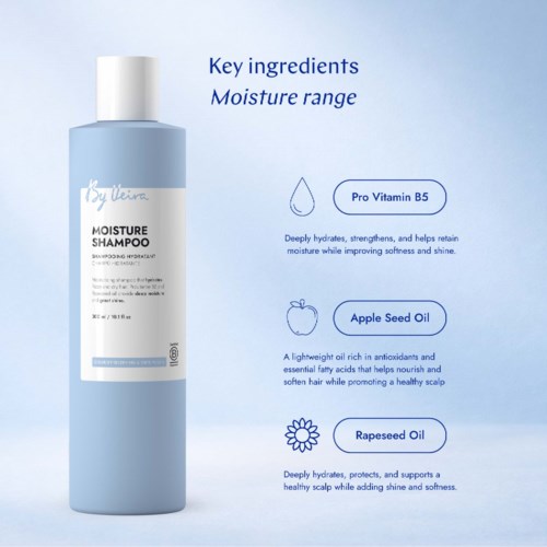 Illustration of a light blue shampoo bottle with key ingredients listed: Pro Vitamin B5, Apple Seed Oil, and Rapeseed Oil.