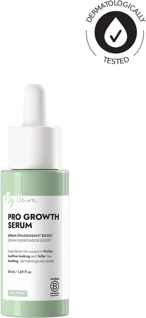 Pro Growth Serum-flaska med pipett, grön etikett och hudvårdsuppgifter, visar att den är dermatologiskt testad.