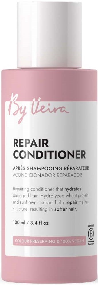 Pink bottle of By Veira Repair Conditioner for damaged hair, hydrate and repair hair structure, 100 ml.
