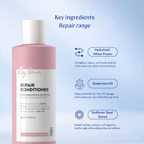 Packaging of a pink bottle of repair conditioner with key ingredients listed including wheat protein, quaternium-95, and sunflower seed extract.