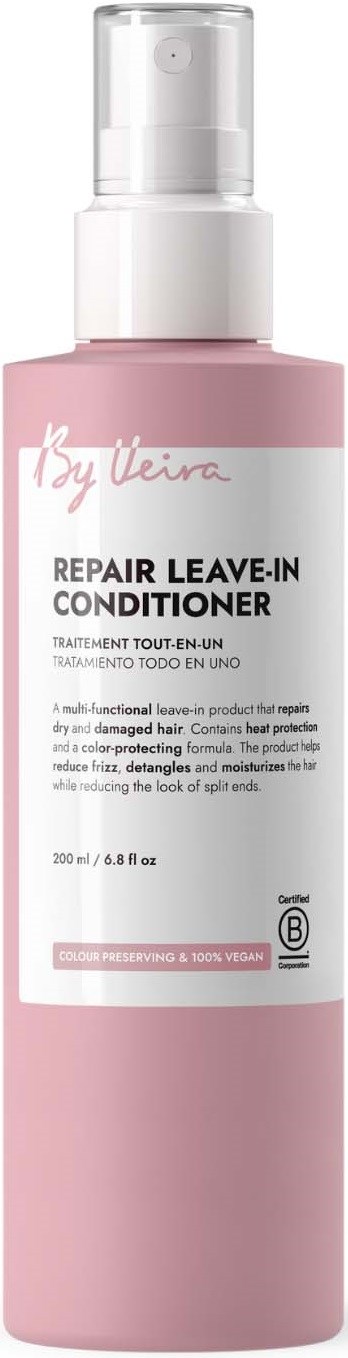 Pink bottle of repair leave-in conditioner with white label and pink accents.