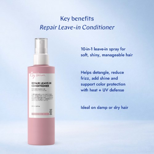 Text on a blue background describing the benefits of Repair Leave-in Conditioner, including its features for managing hair.