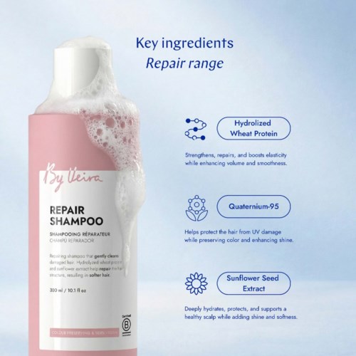 Shampoo bottle with key ingredients Hydrolyzed Wheat Protein, Quaternium-95, and Sunflower Seed Extract listed.