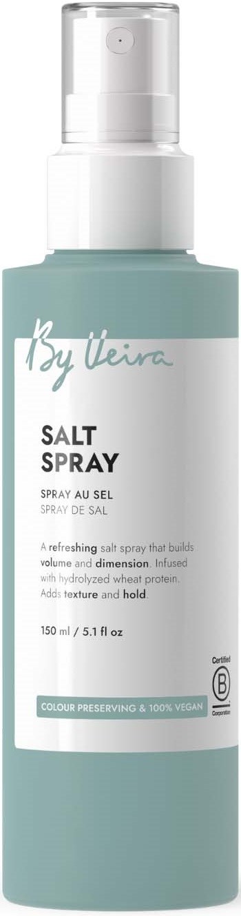 A Salt Spray bottle with a white pump and a light blue body, labeled by Leira for hair or body use.