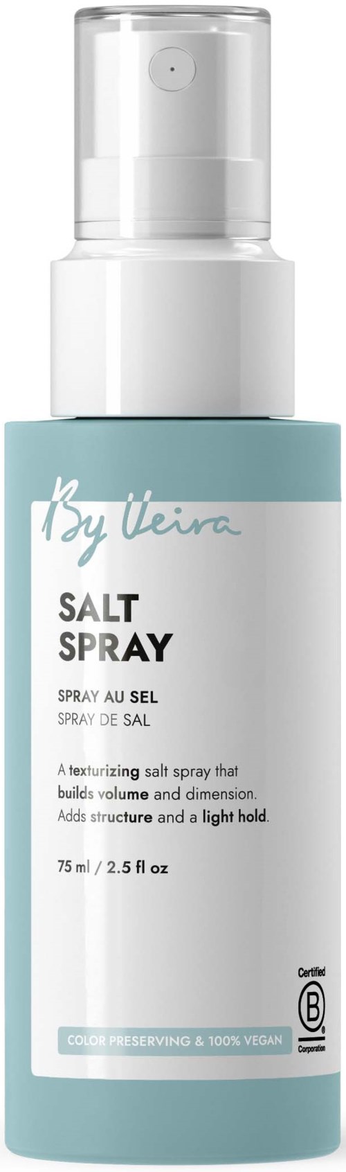 A light blue and white salt spray bottle with a pump, labeled Izzy Vieira Salt Spray for hair styling.