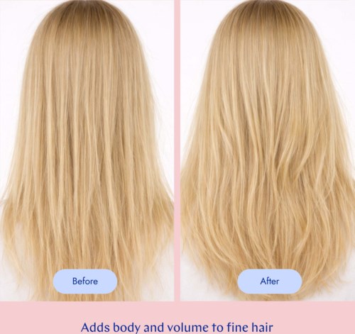 Before and after images of long blonde hair showing increased body and volume.