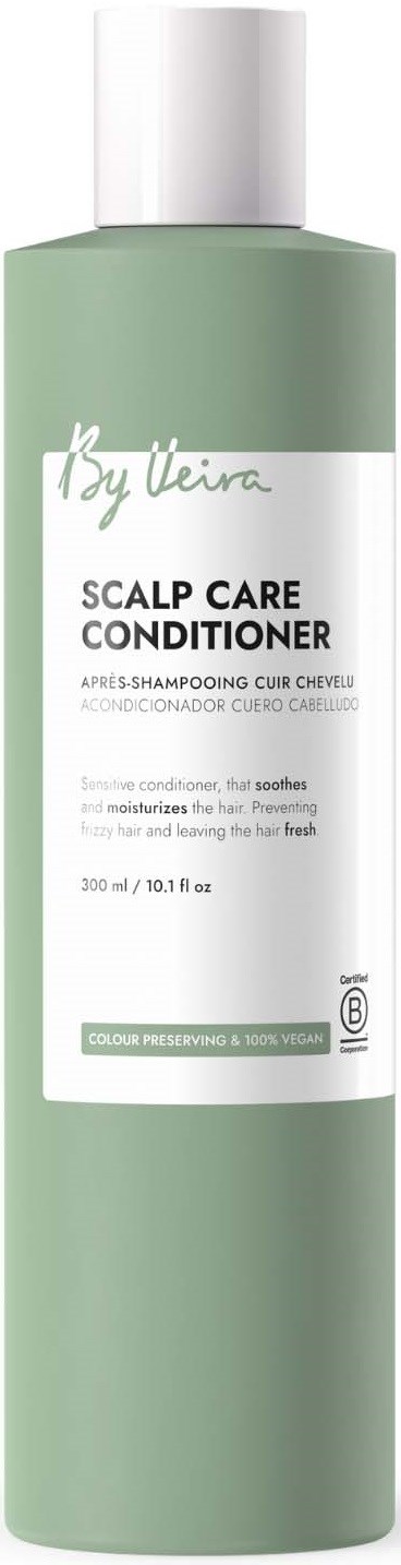 A tall, light green bottle of scalp care conditioner with a white cap and label showing product details.