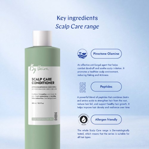 A green bottle of Scalp Care Conditioner with key ingredients Piroctone Olamine, Peptides, and allergen-free label, on a light background.