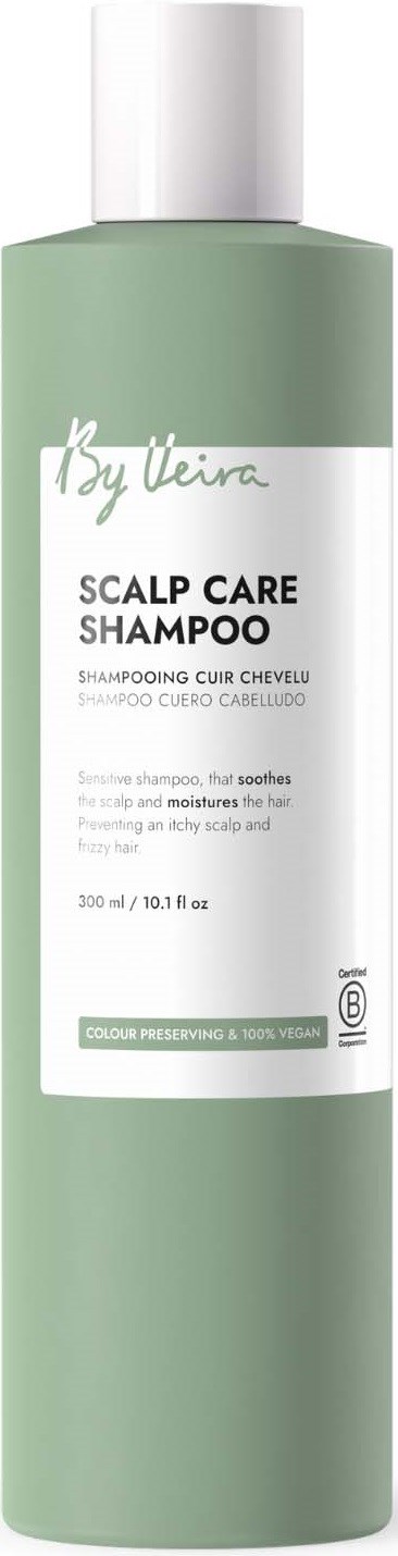 Green bottle of scalp care shampoo with white label showing brand and product details.