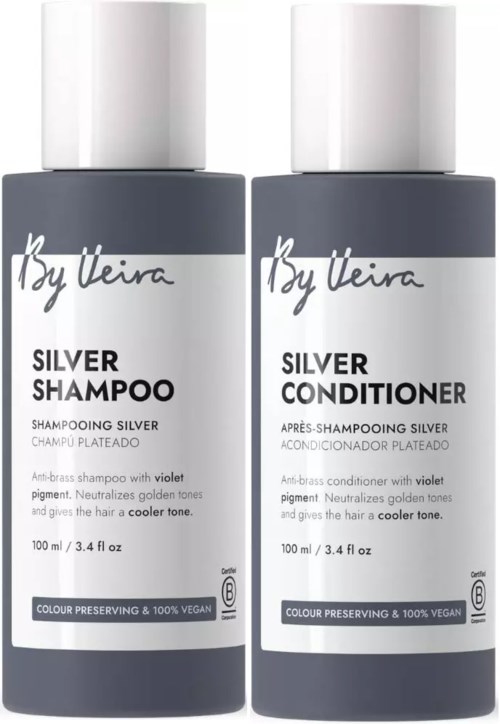 Two hair care bottles, one for silver shampoo and one for silver conditioner, with white caps and gray bodies.