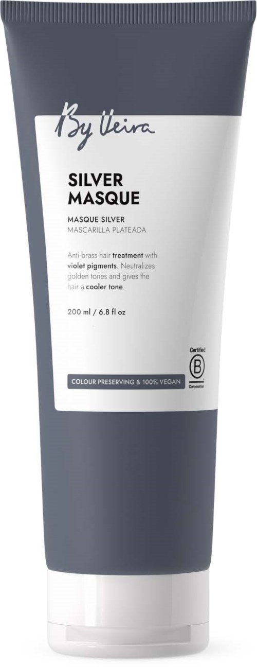 A tube of silver mask with black and white packaging, labeled as By Lieren Silver Masque, emphasizing violet pigments and color preservation.
