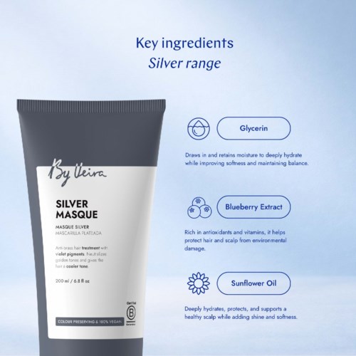 A skincare product tube labeled Silver Masque with key ingredients listed as Glycerin, Blueberry Extract, and Sunflower Oil.