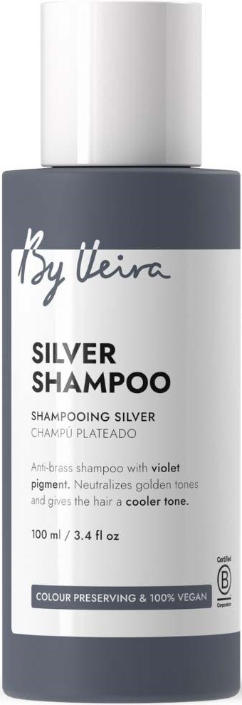 A gray and white shampoo bottle with a white cap, labeled Silver Shampoo by By Weira, for color preserving hair care.