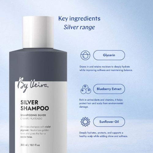 Silver shampoo bottle with key ingredients listed as glycerin, blueberry extract, and sunflower oil for nourishing hair.