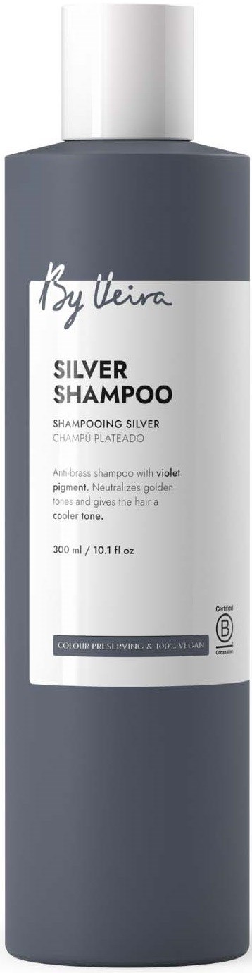 A tall gray bottle of silver shampoo with a white label and black cap.