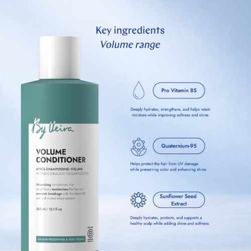 Illustratie die de belangrijke ingrediënten van een volumeko conditioner benadrukt, inclusief Pro Vitamin B5, Quaternium-95 en Zonnebloemzaadextract.