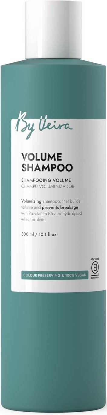 Een teal fles volumeshampoo met witte dop en etiket met merk- en productgegevens.