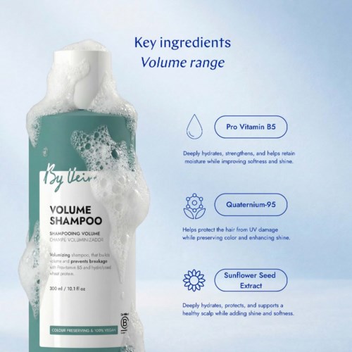 Illustratie van shampoefles met bellen, met key ingrediënten: Pro Vitamin B5, Quaternium-95 en Zonnebloemzaad Extract.