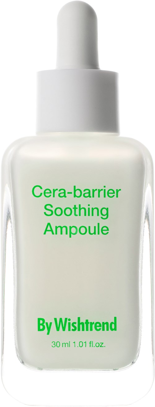 En hvit flaske med pipettekork merket Cera-barrier Soothing Ampoule av Wishtrend. Teksten er i grønt.