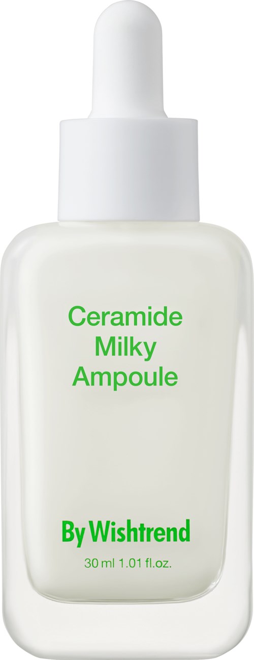 Pullo, jossa tipapää ja etiketti 'Ceramide Milky Ampoule' by Wishtrend, 30 ml.