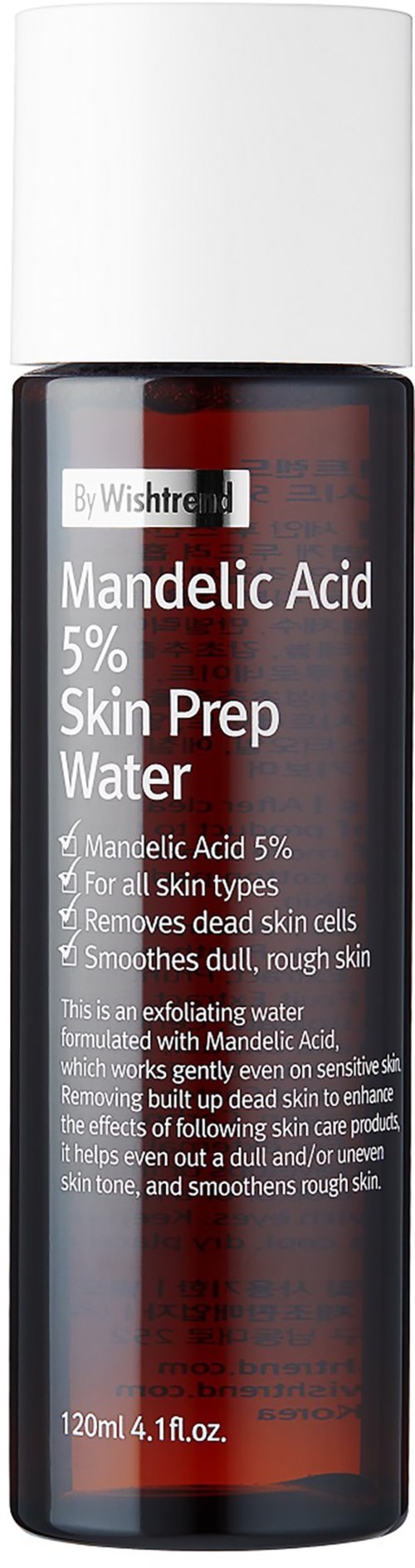 A dark bottle with a white cap labeled 'Mandelic Acid 5% Skin Prep Water' for skincare. 