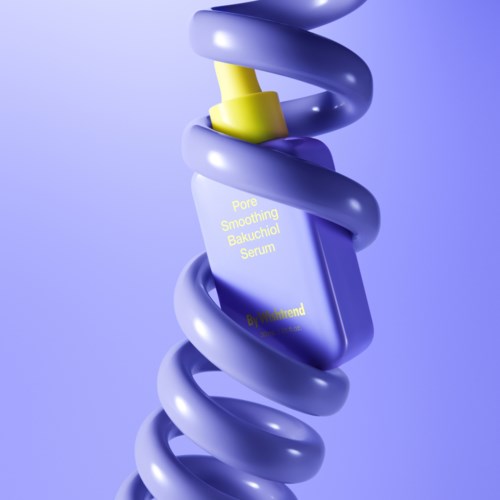 Violetin värinen seerumipullo, jonka päällä on keltainen korkki ja ympärillä suuri violetti spiraali. Teksti: Pore Smoothing Bakuchiol Serum.