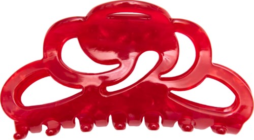 A red plastic baby teether shaped like a cloud with finger holes and small bumps for biting.