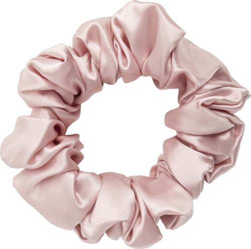 A light pink satin fabric scrunchie with ruffled edges, shaped in a circle.