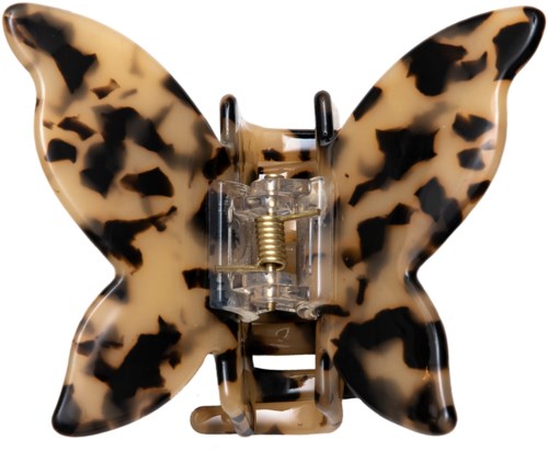 A butterfly-shaped hair clip with a leopard print pattern and a metal clasp in the center.