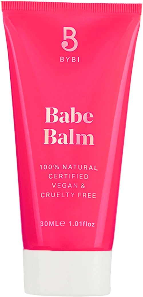 Pink tub märkt Babe Balm, vegansk, cruelty-free, naturlig, 30 ml. Bybi-logotypen längst upp.