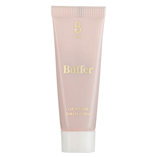 En rosa tub märkt 'Buffer Lip Scrub' av BYBI, innehåller 10 ml produkt, med enkel design.