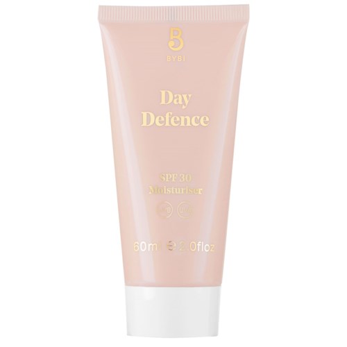 A light pink tube of facial moisturizer with SPF 30, labeled 'Day Defence,' containing 60ml or 2.0 fluid ounces.