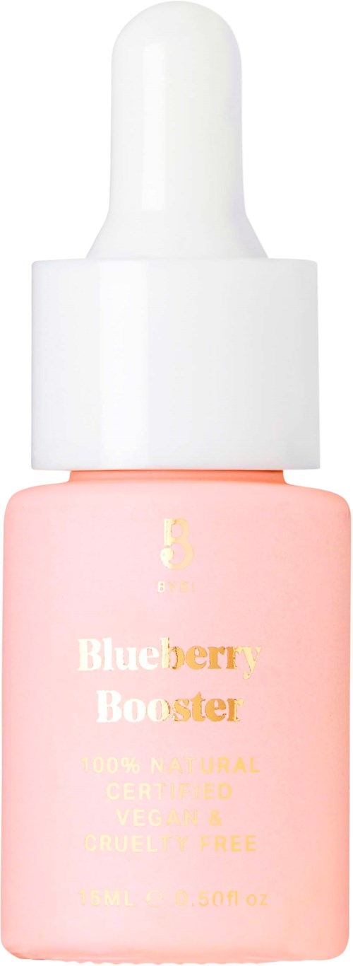 Lys rosa flaske med hvit pipett kork merket 'Blueberry Booster' i gull og gul tekst.