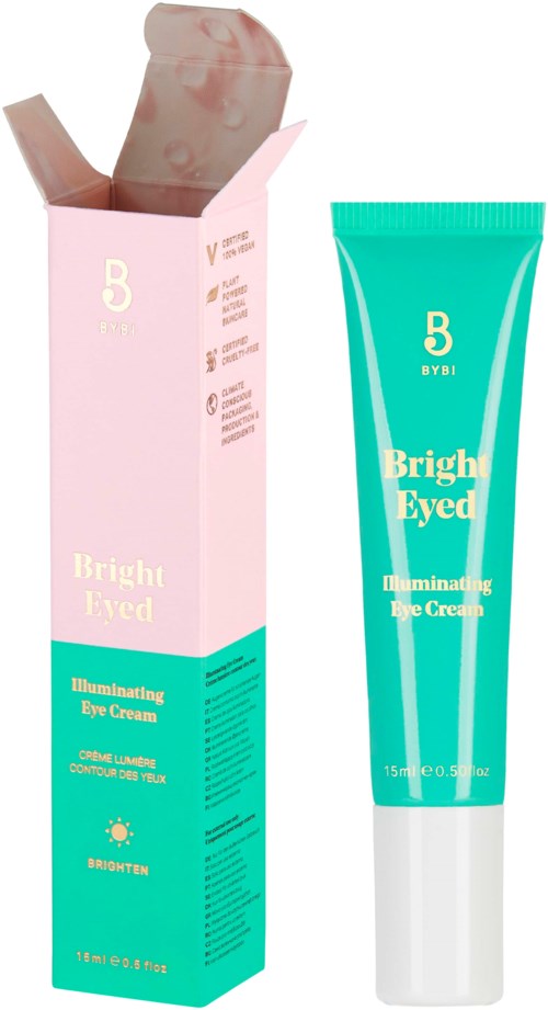 A pink box with a teal tube of eye cream labeled 'Bright Eyed' next to it.