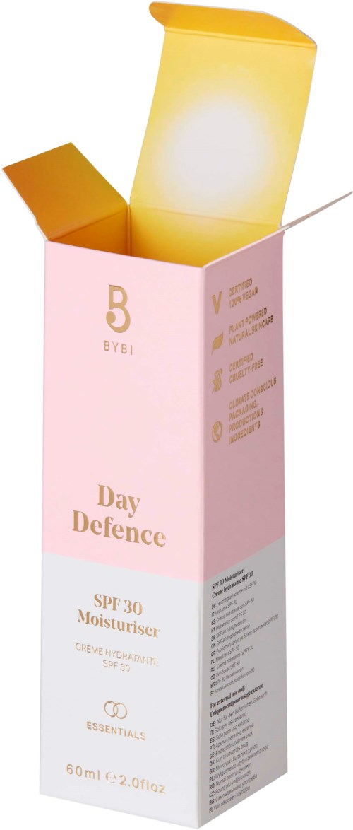Różowe opakowanie z otwartym górą, żółte światło wewnątrz, oznaczone 'Day Defence' SPF 30 krem nawilżający, 50ml.