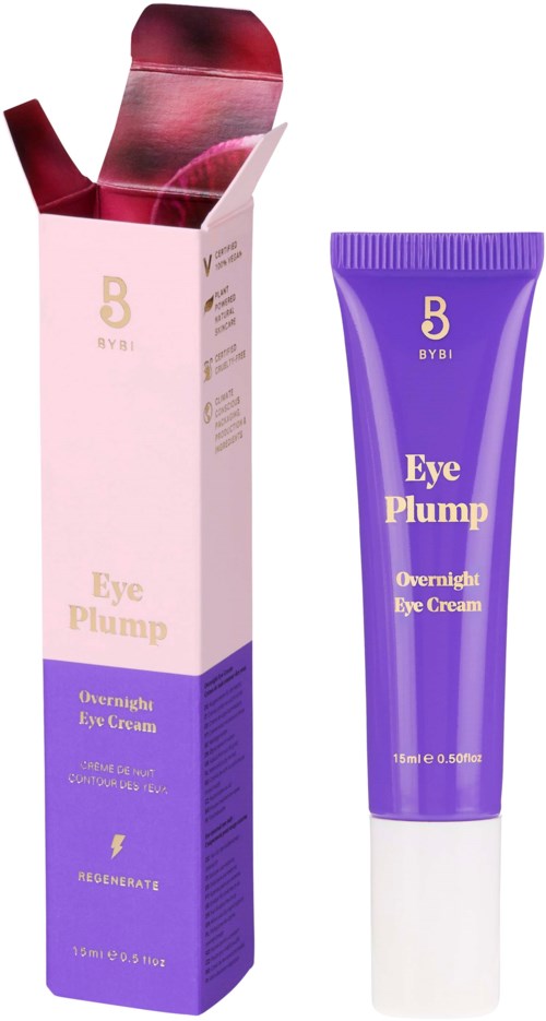 En lila tub med ögonkräm och dess rosa förpackningskartong med guldklickor, märkt 'Eye Plump' och 'Overnight Eye Cream.'