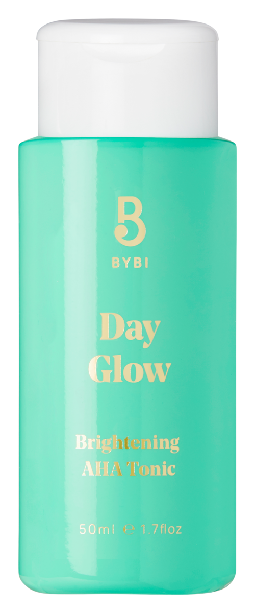 A light teal bottle with a white cap, labeled 'Day Glow Brightening AHA Tonic,' 50ml volume.