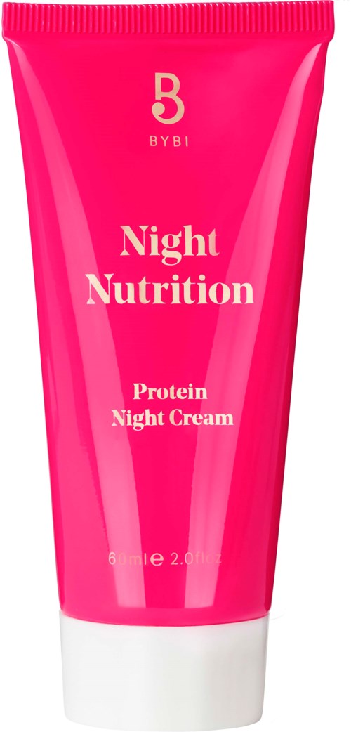 Pink tube med hvid hætte mærket 'Night Nutrition', indeholder protein natcreme fra BYBI.